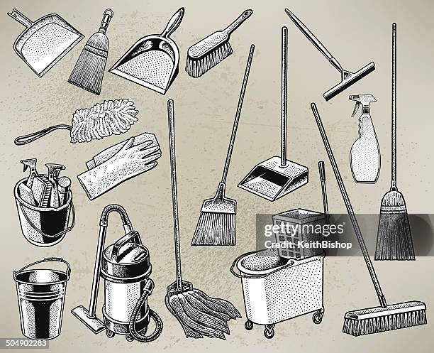 illustrazioni stock, clip art, cartoni animati e icone di tendenza di attrezzature per la pulizia-mop e scopa, pala, vaporizzatore - scopa