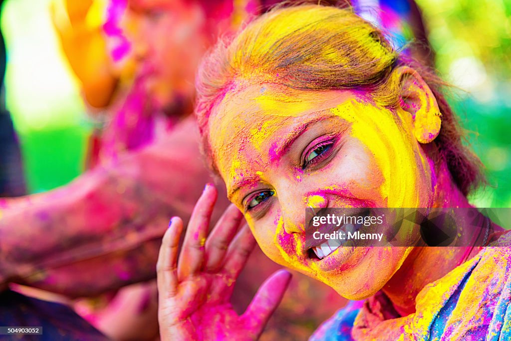 Celebrating Holi Festival Smiling Indian Girl India