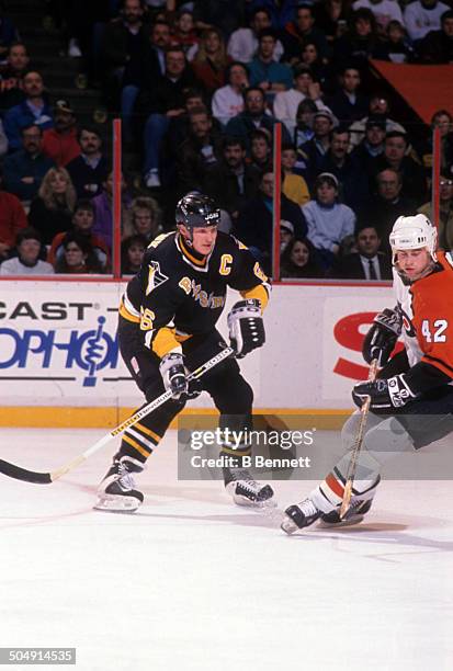 Mario Lemieux of the Pittsburgh Penguins skates on the ice during the game against the Philadelphia Flyers on March 2, 1993 at the Spectrum in...