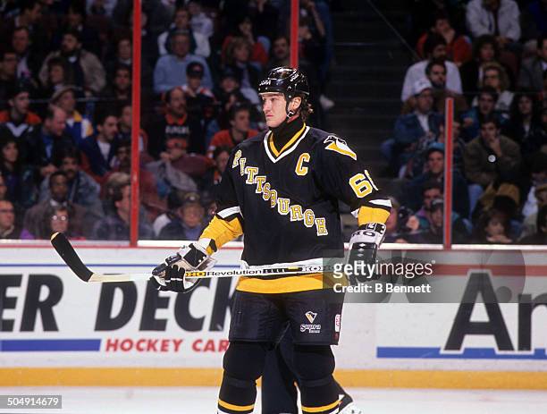 Mario Lemieux of the Pittsburgh Penguins skates on the ice during the game against the Philadelphia Flyers on March 2, 1993 at the Spectrum in...