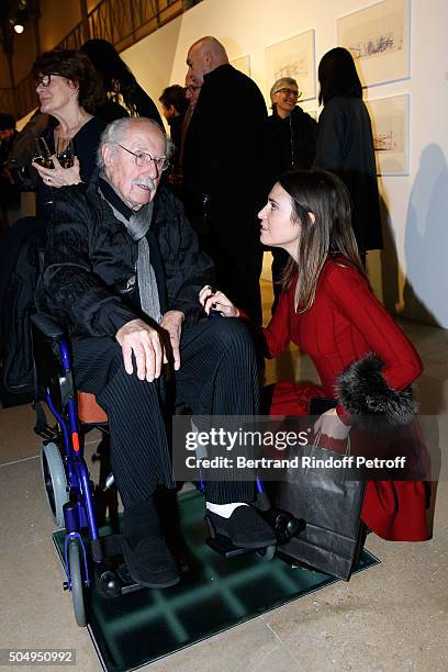 Architect Claude Parent and Architect Claire Davisseau attend the 'Jean Nouvel and Claude Parent, Musees a venir' Exhibition Opening at Galerie...