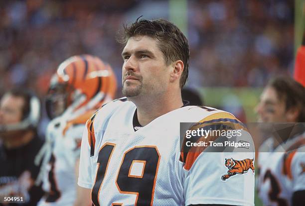 Quarterback Scott Mitchell of the Cincinnati Bengals looking on from the sidelines during the game against the Cleveland Browns at the Cleveland...