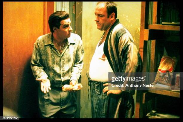 Actors Steve Van Zandt & James Gandolfini in scene from HBO TV dramatic series The Sopranos.