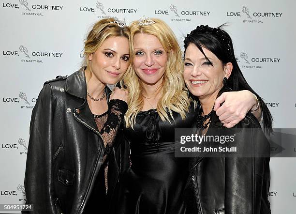 Sophia Amoruso, Courtney Love and Sheree Waterson attend Love, Courtney by Nasty Gal launch party at Nasty Gal on January 13, 2016 in Los Angeles,...