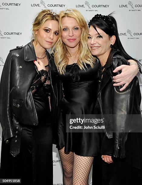 Sophia Amoruso, Courtney Love and Sheree Waterson attend Love, Courtney by Nasty Gal launch party at Nasty Gal on January 13, 2016 in Los Angeles,...