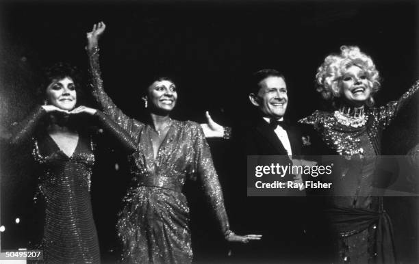 Actresses Andrea McArdle, Leslie Uggams, Carol Channing and composer Jerry Herman as they take their bows during the finale of the musical Jerry's...