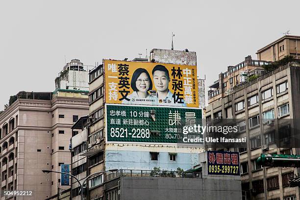 View of a billboard of Democratic Progressive Party presidential candidate Tsai Ing-wen is seen on a building, ahead of the Taiwanese presidential...