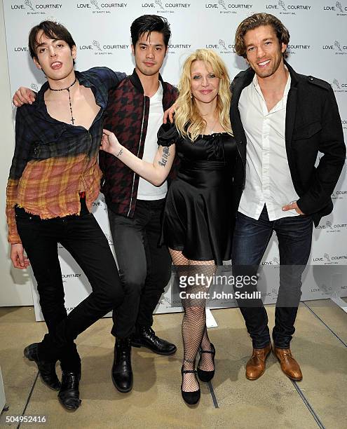 Harry Brandt, Ross Butler, Courtney Love and James Norley attend Love, Courtney by Nasty Gal launch party at Nasty Gal on January 13, 2016 in Los...