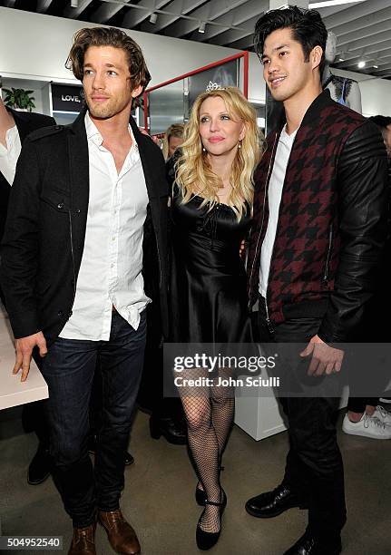 James Norley, Courtney Love and Ross Butler attend Love, Courtney by Nasty Gal launch party at Nasty Gal on January 13, 2016 in Los Angeles,...