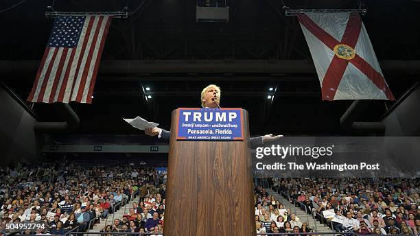 Republican presidential candidate Donald Trump holds a campaign event at the Pensacola Bay Center on January 13, 2016 in Pensacola, Florida. Trump...