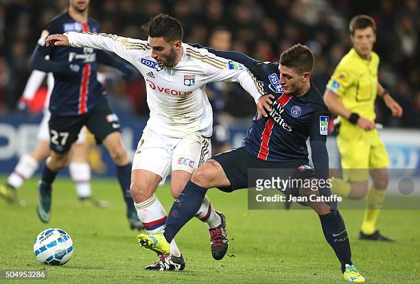 Jordan Ferri of Lyon and Marco Verratti of PSG in action during the French League Cup match between Paris Saint-Germain and Olympique Lyonnais at...