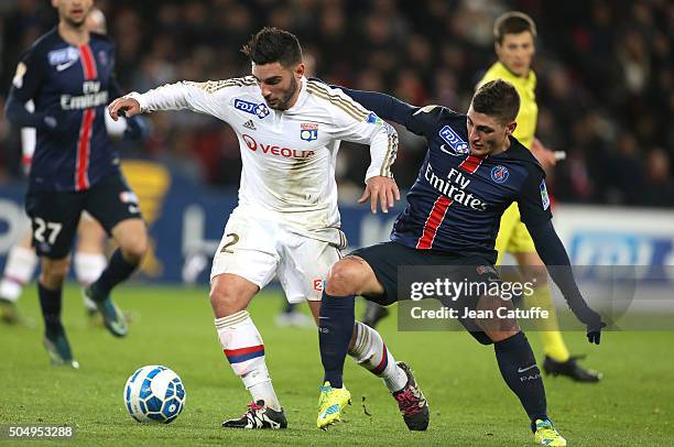 Jordan Ferri of Lyon and Marco Verratti of PSG in action during the French League Cup match between Paris Saint-Germain and Olympique Lyonnais at...