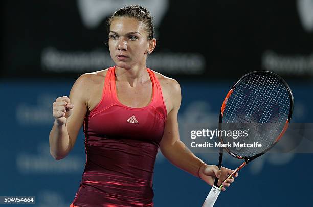 Simona Halep of Romania celebrates winning a point in her semi-final match against Svetlana Kuznetsova of Russia during day five of the 2016 Sydney...