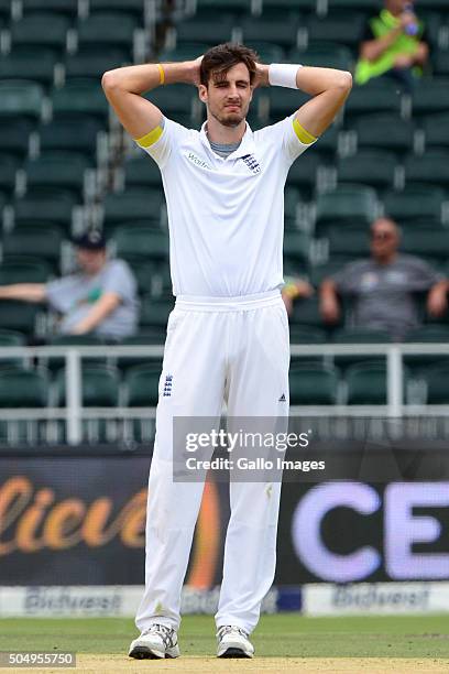 Steven Finn of England reacts during day 1 of the 3rd Test match between South Africa and England at Bidvest Wanderers Stadium on January 14, 2016 in...