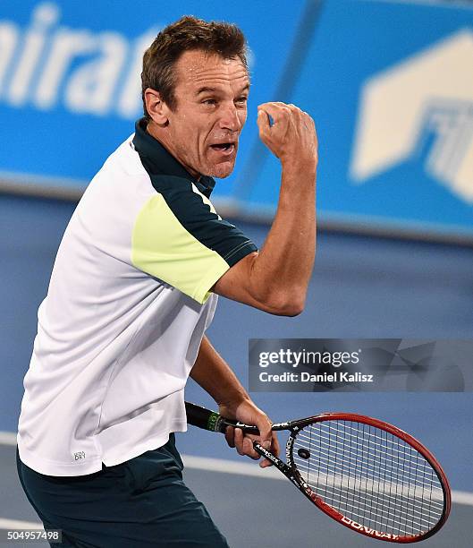 Mats Wilander of Sweden competes against Goran Ivanisevic of Croatia during the 2016 World Tennis Challenge match at Memorial Drive on January 14,...