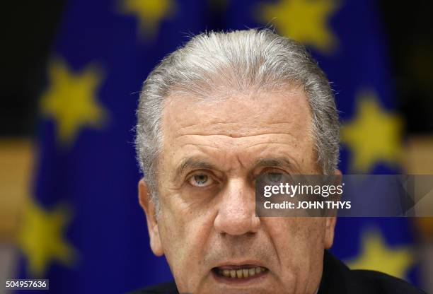 Commissioner of Migration and Home Affairs Dimitris Avramopoulos speaks during a meeting at the European Parliament in Brussels on January 14 with...