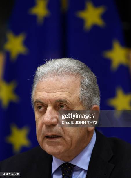 Commissioner of Migration and Home Affairs Dimitris Avramopoulos speaks during a meeting at the European Parliament in Brussels on January 14 with...