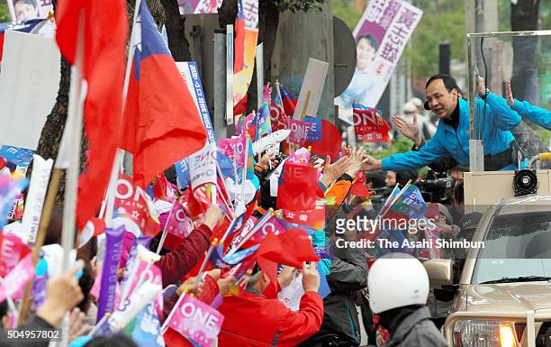 Presidential candidate of Taiwan's ruling Kuomingtang Chu Li-Luan on a campaign car calling for support on January 14, 2016 in New Taipei, Taiwan....