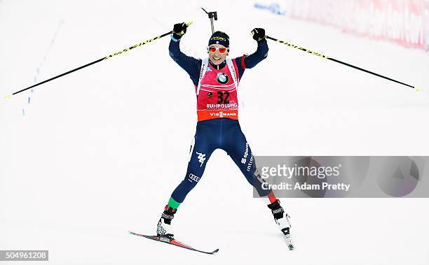 Dorothea Wierer of Italy celebrates victory in the Women's 15km biathlon race at the IBU Biathlon World Cup Ruhpolding on January 14, 2016 in...