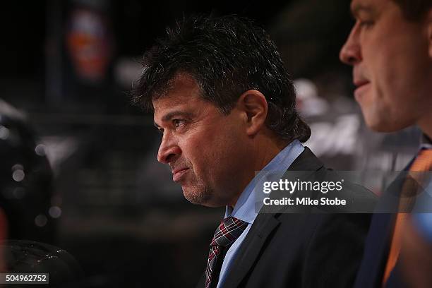 Jack Capuano of the New York Islanders looks on from the bench against the Columbus Blue Jackets at the Barclays Center on January 12, 2016 in...