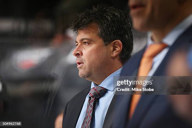 Jack Capuano of the New York Islanders looks on from the bench against the Columbus Blue Jackets at the Barclays Center on January 12, 2016 in...