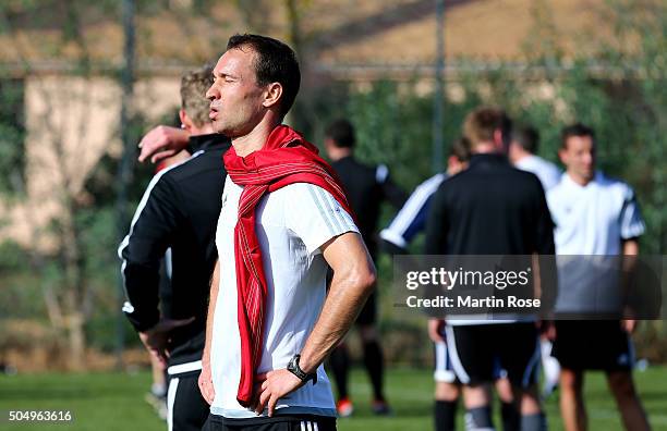 Referee Bastian Dankert takes a break during a training session during the DFB Referee Course at the Hilton Sa Torre Hotel Mallorca on January 14,...