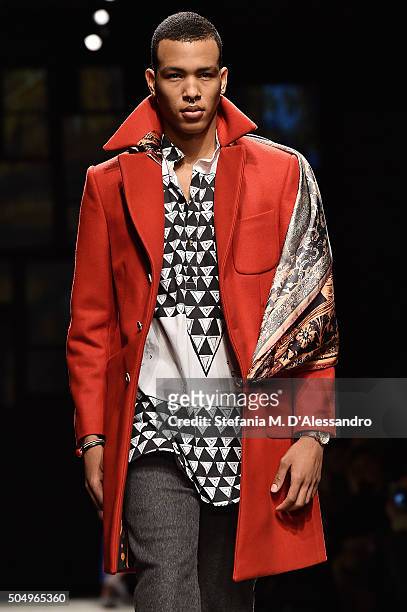 Model walks the runway during Ikire Jones fashion show as part of 'Generation Africa' Fashion Show on January 14, 2016 in Florence, Italy.