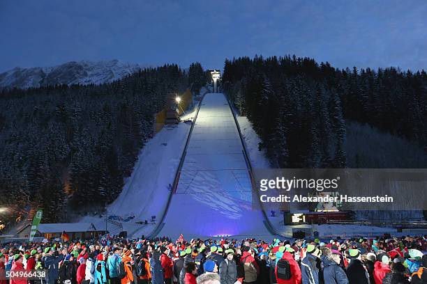 General view of the Kulm skijumping hill at the FIS Ski Flying World Championship 2016 during day 1 at the Kulm on January 14, 2016 in Bad...