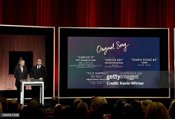 Filmmakers Ang Lee and Guillermo del Toro announce the nominees for Best Music - Original Song during the 88th Oscars Nominations Announcement at the...