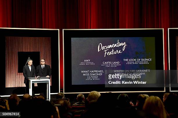 Filmmakers Ang Lee and Guillermo del Toro announce the nominees for Best Documentary Feature during the 88th Oscars Nominations Announcement at the...