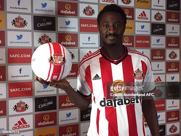 Dame N'Doye is unveiled as Sunderland's new loan signing at The Academy of Light on January 12, 2016 in Sunderland, England.