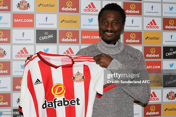 Dame N'Doye is unveiled as Sunderland's new loan signing at The Academy of Light on January 12, 2016 in Sunderland, England.