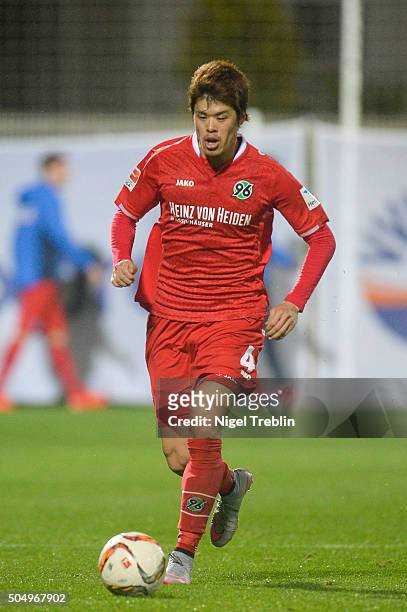Hiroki Sakai of Hannover controls the ball during a test game against VfB Stuttgart during Hannover 96 training camp on January 13, 2016 in Belek,...