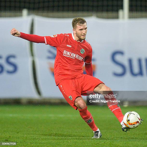 Andre Hoffmann of Hannover controls the ball during a test game against VfB Stuttgart during Hannover 96 training camp on January 13, 2016 in Belek,...