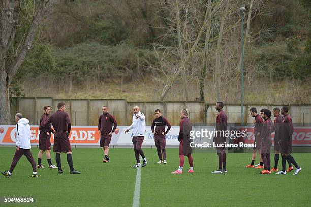 New coach of AS Roma Luciano Spalletti leads his first training session on January 14, 2016 in Rome, Italy.