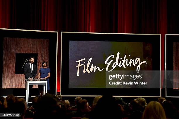 Actor John Krasinski and President of the Academy of Motion Picture Arts and Sciences Cheryl Boone Isaacs announce the nominees for Best Film Editing...