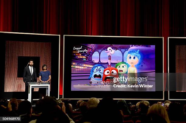 Actor John Krasinski and President of the Academy of Motion Picture Arts and Sciences Cheryl Boone Isaacs announce 'Inside Out' as a nominee for Best...