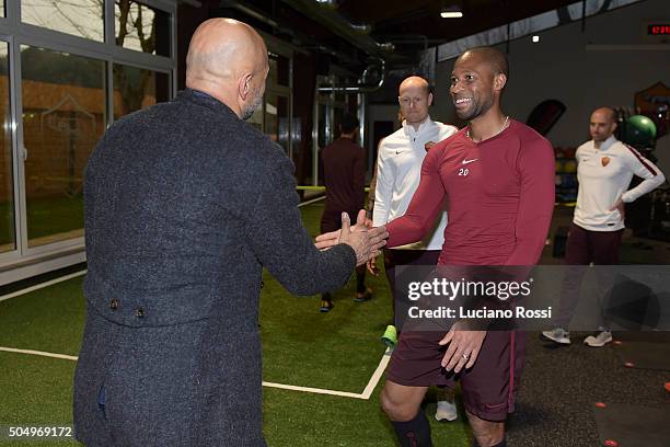 New coach of AS Roma Luciano Spalletti meets Seydou Keita upon arriving in Trigoria on January 14, 2016 in Rome, Italy.