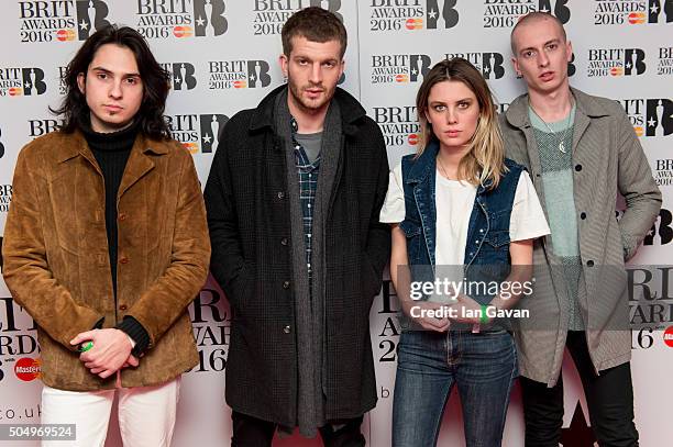 Joel Amey, Jeff Oddie, Ellie Rowsell and Theo Ellis of Wolf Alice attend the nominations launch for The Brit Awards 2016 at ITV Studios on January...