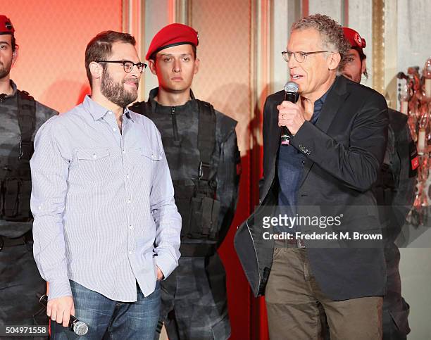 Executive producers Ryan Condal and Carlton Cuse speak onstage during the 'Colony' panel discussion at the NBCUniversal portion of the 2016 Winter...