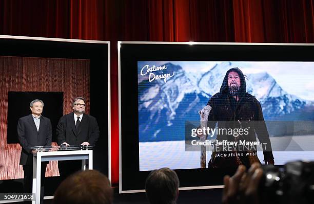 Filmmakers Ang Lee and Guillermo del Toro announce the nominees during the 88th Oscars Nominations Announcement at the Academy of Motion Picture Arts...