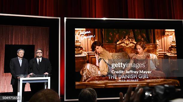 Filmmakers Ang Lee and Guillermo del Toro announce the nominees during the 88th Oscars Nominations Announcement at the Academy of Motion Picture Arts...