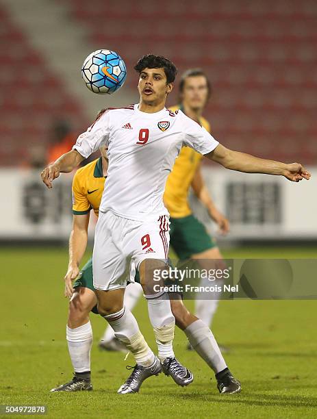 Ahmed Husain Al Hashmi of the United Arab Emirates controls the ball during the AFC U-23 Championship Group D match between Australia and the United...