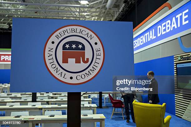 Republican National Committee sign stands in the media filing center ahead of the Republican presidential candidate debate in North Charleston, South...