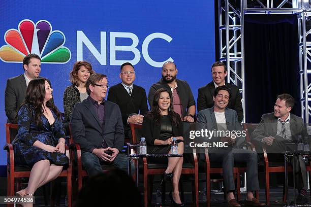 NBCUniversal Press Tour, January 2016 -- NBC's "Superstore" Session -- Pictured: David Bernad, Executive Producer; Lauren Ash, Nichole Bloom, Mark...