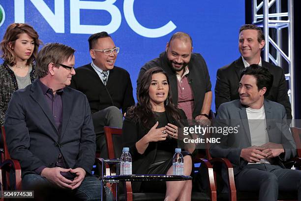 NBCUniversal Press Tour, January 2016 -- NBC's "Superstore" Session -- Pictured: Nichole Bloom, Mark McKinney, Nico Santos, America Ferrera, Colton...