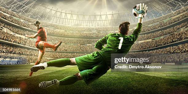 soccer game moment with goalkeeper - penalty kick stock pictures, royalty-free photos & images