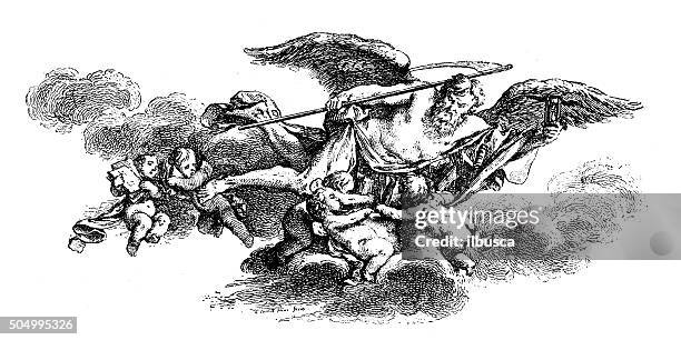 antique illustration of cronos or saturn with sickle and hourglass - god stock illustrations
