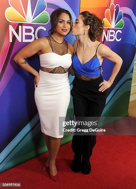 Actors Monica Raymund and Marina Squerciati arrive at the 2016 NBCUniversal Winter TCA Press Tour at Langham Hotel on January 13, 2016 in Pasadena,...