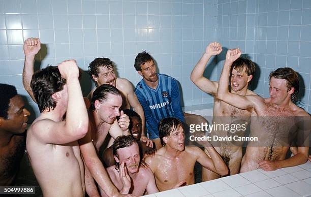 City player Mick McCarthy celebrates in the bath with team mates after the Canon League Division Two match between Manchester City and Charlton...